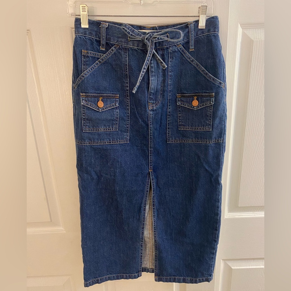 Madewell Denim Timeline Midi Skirt Split Front Hem Bow Tie Waist Size 27